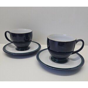 Denby-Langley REGATTA Set of 2 Footed Cups and Saucers Cobalt Blue and Green